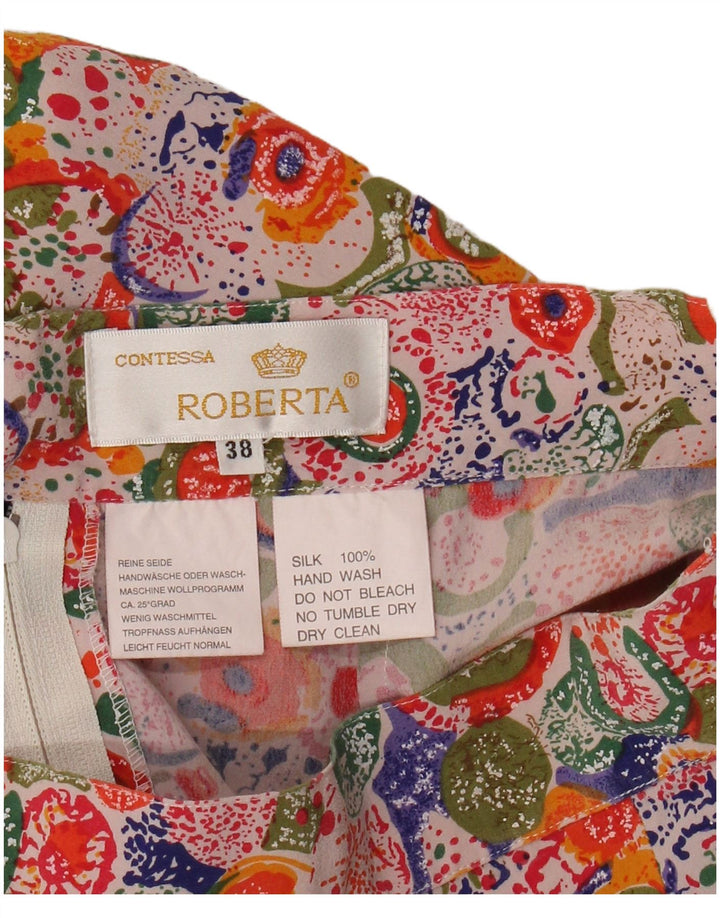 Saia reta feminina vintage UE 38 médio W28 seda floral multicolorida