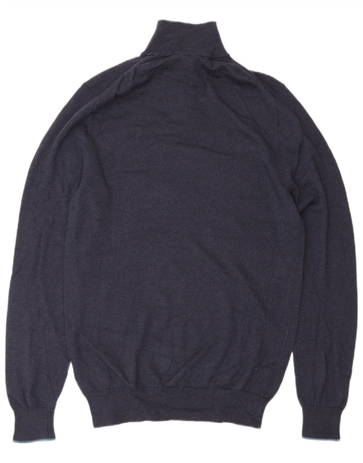 Suéter masculino branco com zíper e gola pequena de lã azul marinho