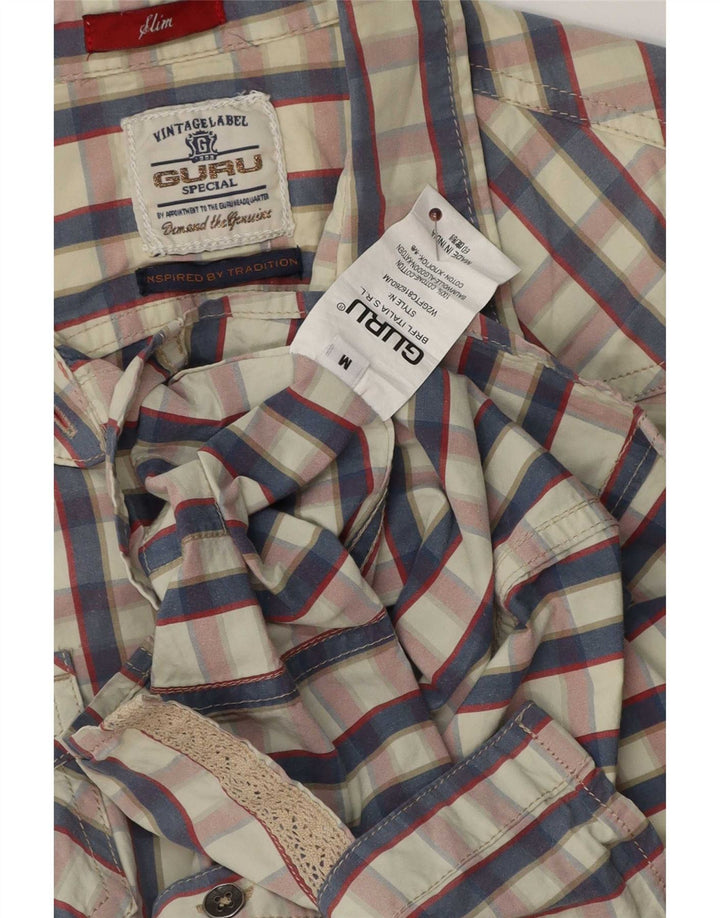 Guru Womens Slim Shirt UK 12 Médio Branco Xadrez Algodão