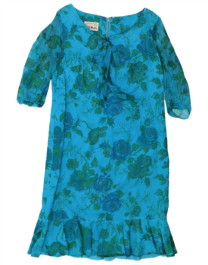 Vestido feminino vintage manga 3/4 UK 10 pequeno azul floral