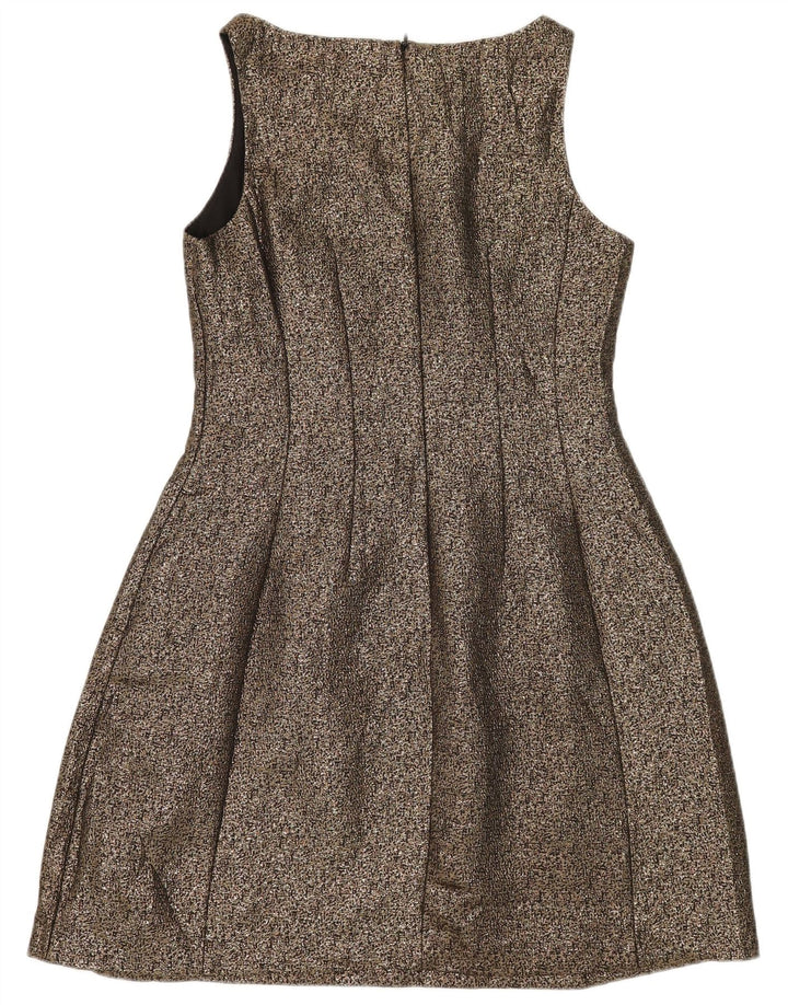 Vestido feminino Oasis sem mangas evasê UK 12 poliéster dourado médio