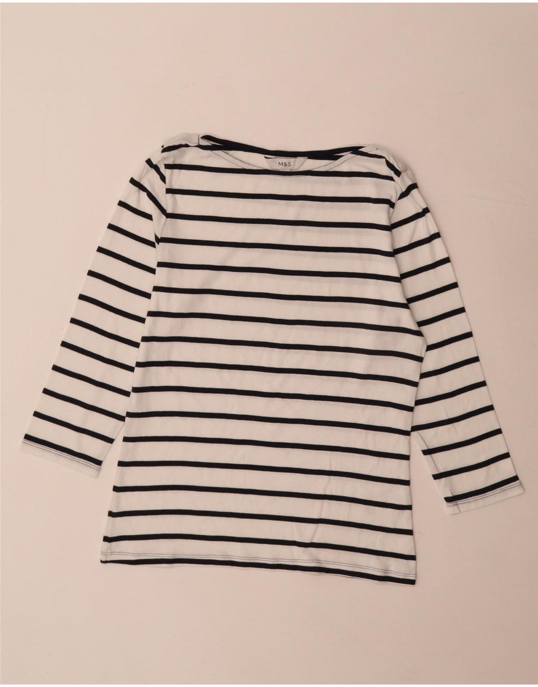 Top feminino Marks & Spencer manga 3/4 Reino Unido 12 algodão listrado branco médio