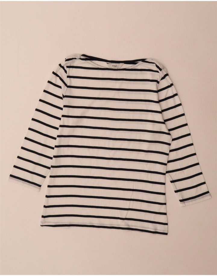 Top feminino Marks & Spencer manga 3/4 Reino Unido 12 algodão listrado branco médio