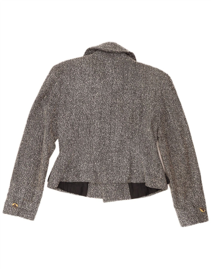 Jaqueta blazer feminina vintage com peito duplo Reino Unido 8 pequena cinza manchada
