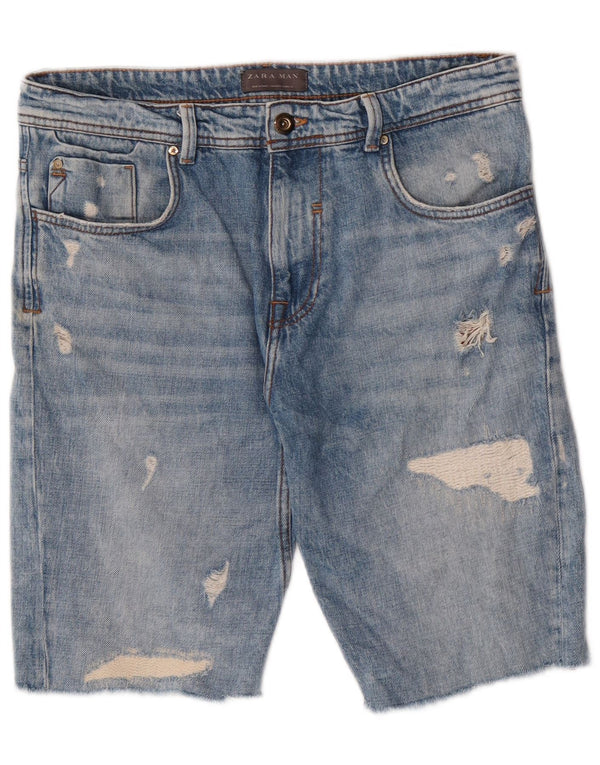 Zara Shorts jeans masculino desgastado UE 42 grande W32 azul