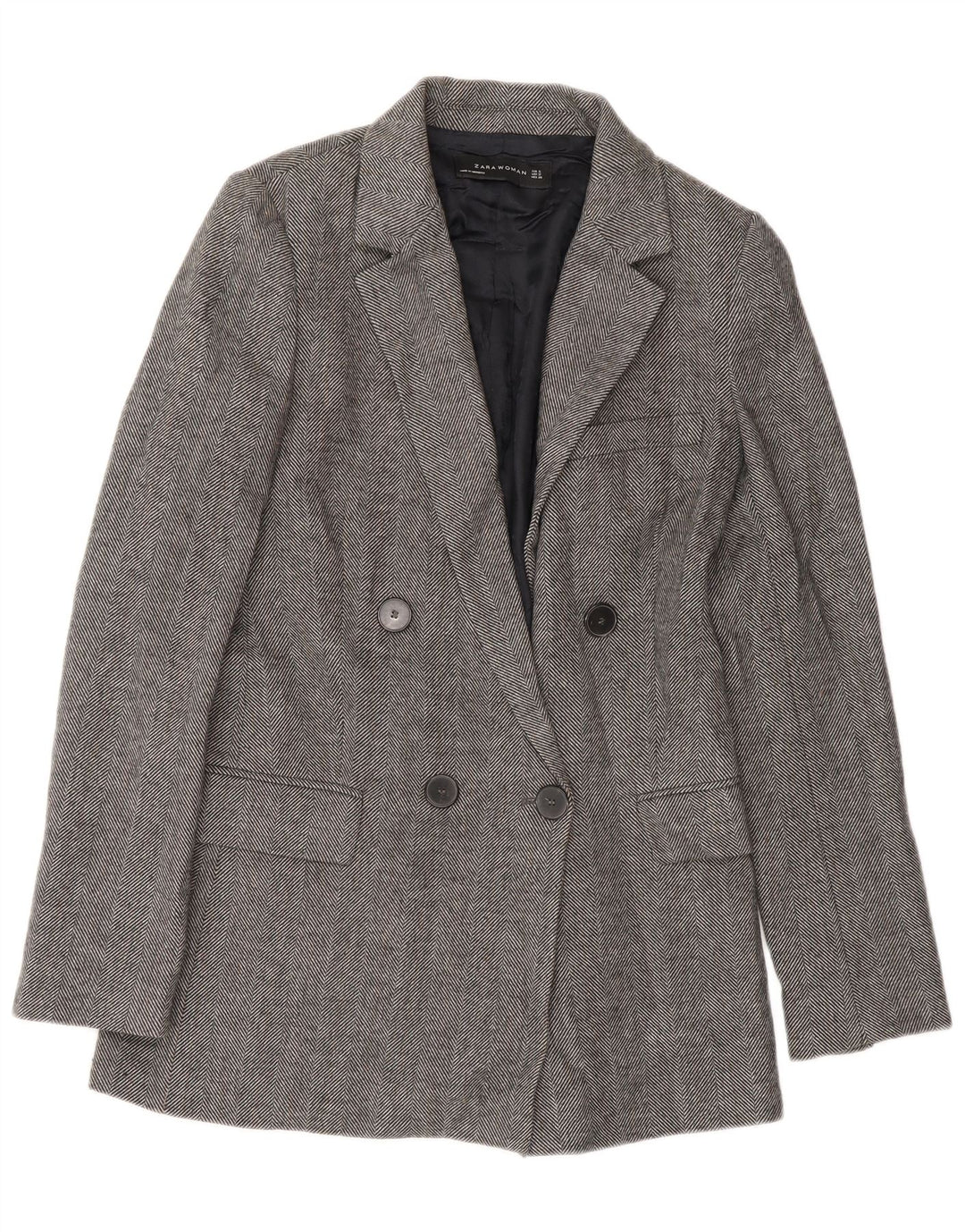 Jaqueta blazer feminina Zara com peito duplo Reino Unido 10 espinha de peixe cinza pequena