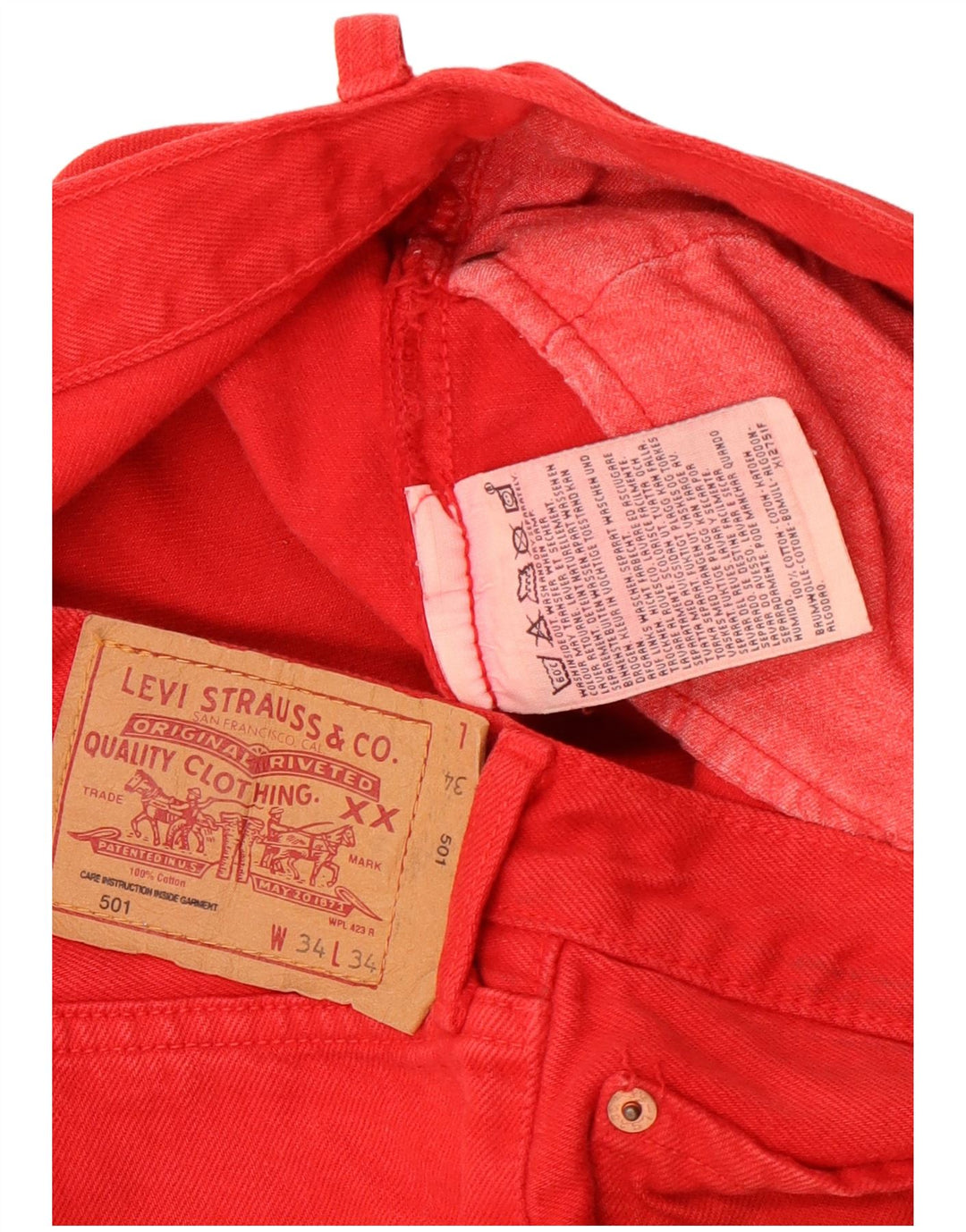Shorts jeans masculino 501 da Levi's W34 grande algodão vermelho