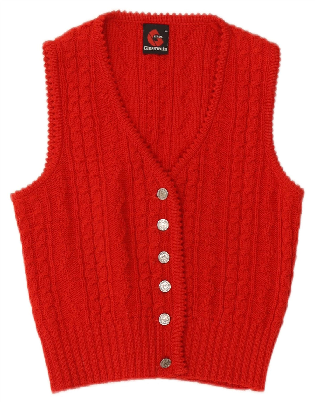 Suéter cardigã feminino Giesswein cropped sem mangas UE 40 lã vermelha média