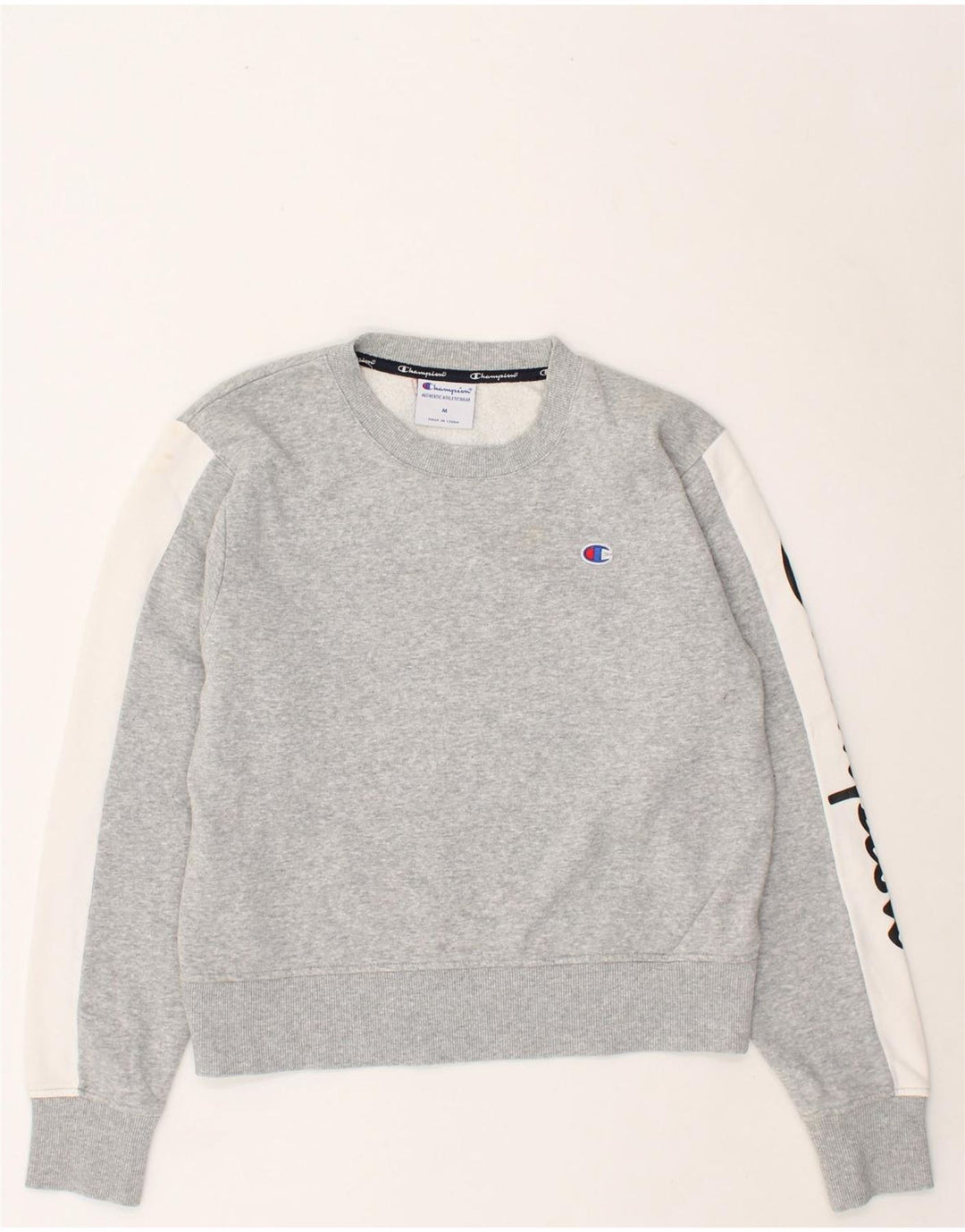 CHAMPION Womens Graphic Crop Sweatshirt Jumper UK 14 Medium Grey | Vintage Champion | Thrift | Second-Hand Champion | Used Clothing | Messina Hembry 