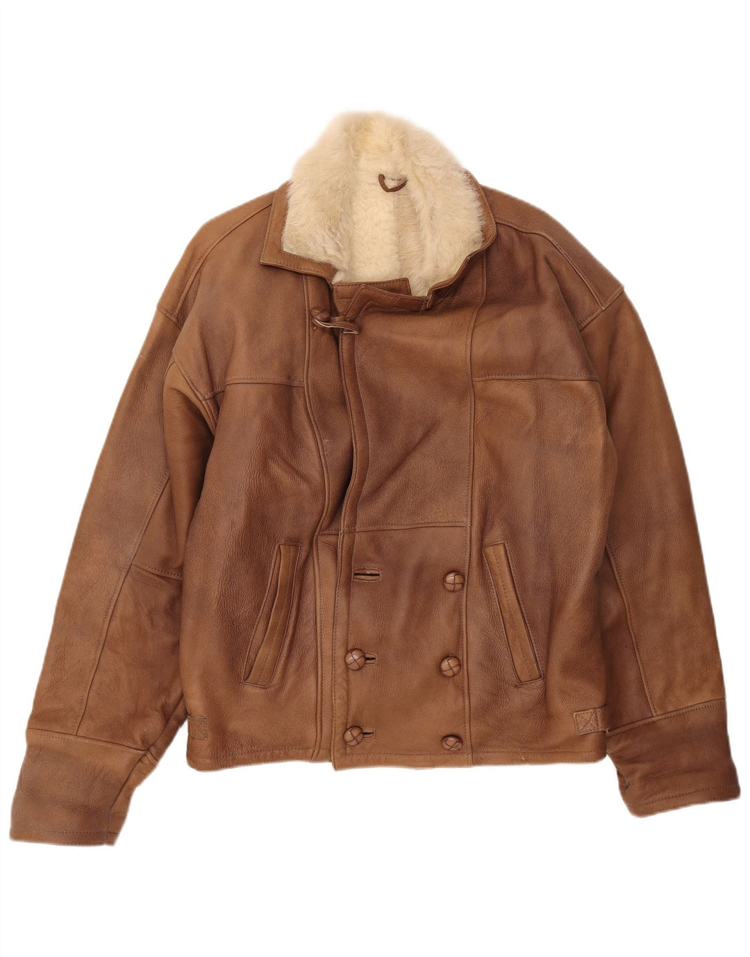 Jaqueta masculina vintage de peito duplo Shearling UK 40 grande bloco colorido marrom