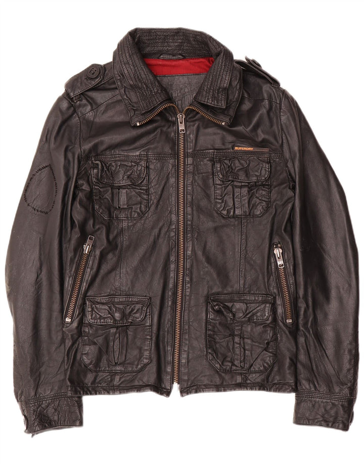 Jaqueta de couro militar masculina Superdry Reino Unido 36 couro preto pequeno