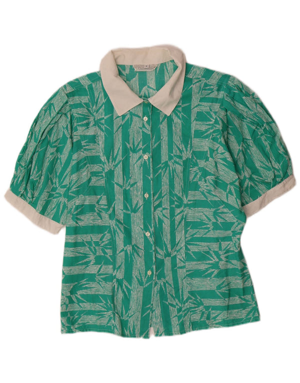 Blusa feminina vintage de manga curta UK 12 algodão floral verde médio