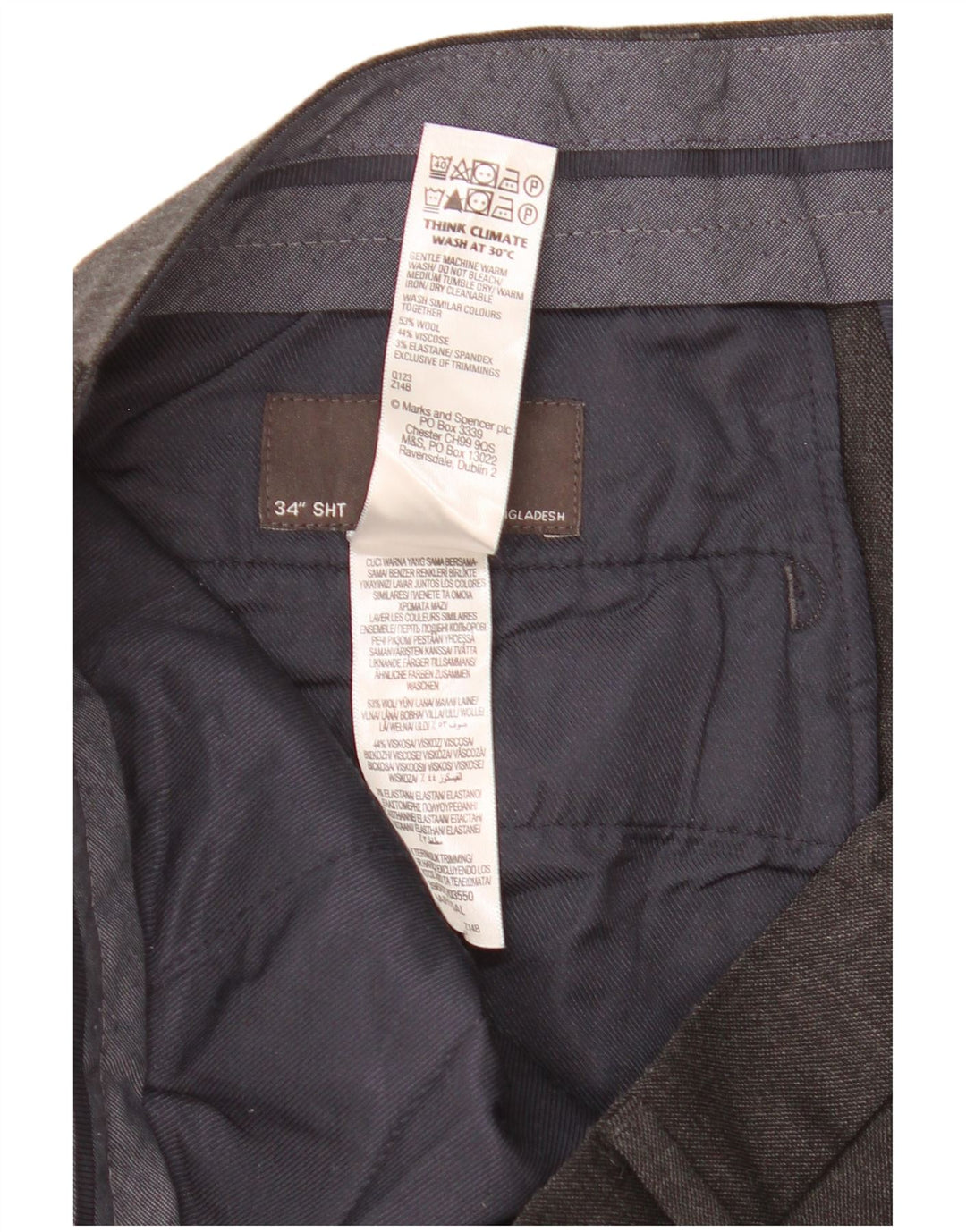 Calça masculina Marks & Spencer corte reto W34 L25 lã cinza
