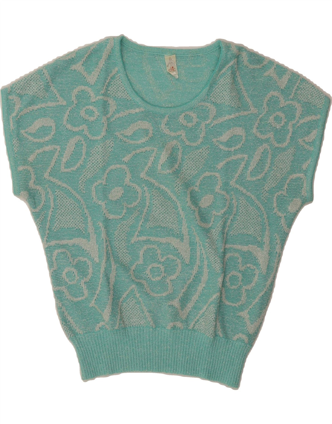 Suéter feminino VINTAGE com gola redonda IT 42 azul médio floral