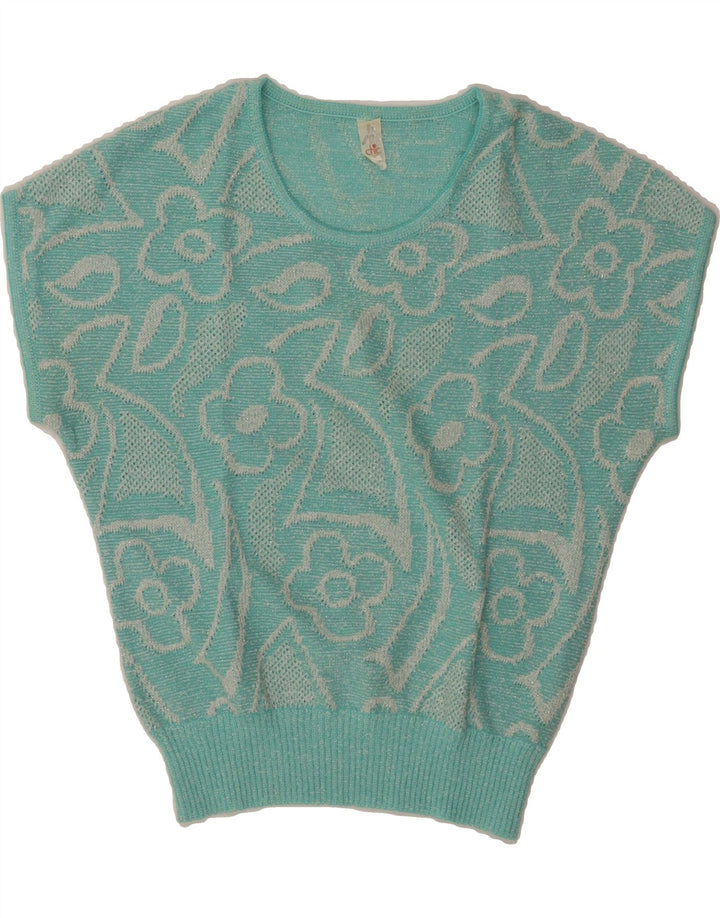 Suéter feminino VINTAGE com gola redonda IT 42 azul médio floral
