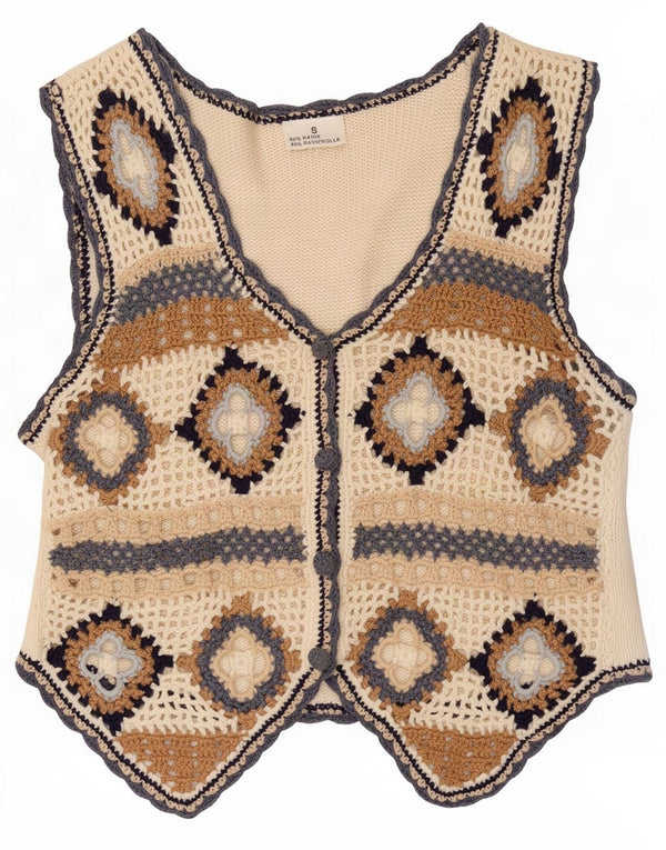 Colete feminino vintage de crochê Reino Unido 10 pequeno rami geométrico branco