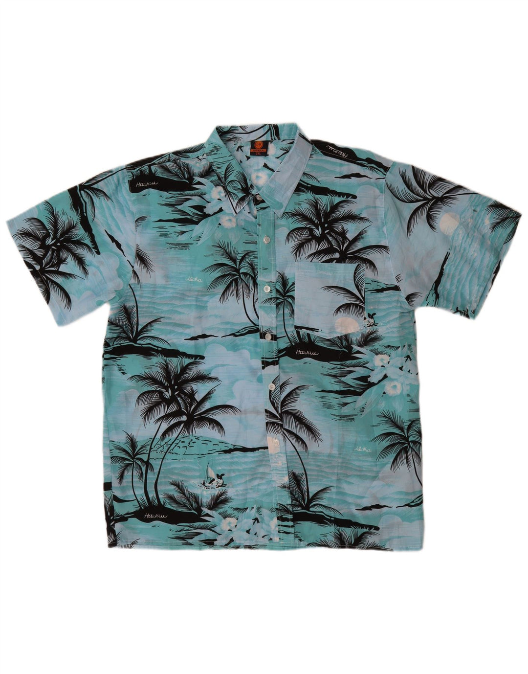 Camisa masculina VINTAGE de manga curta 2XL azul poliéster havaiano