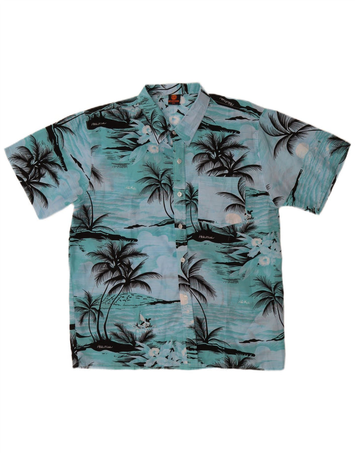 Camisa masculina VINTAGE de manga curta 2XL azul poliéster havaiano