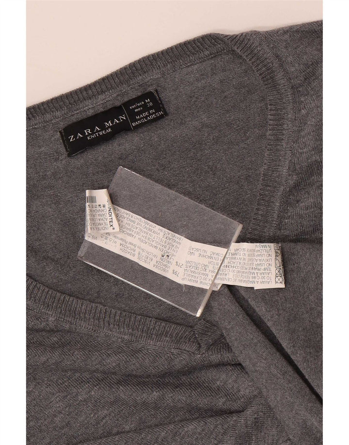 Zara Suéter masculino com decote em V, viscose cinza médio