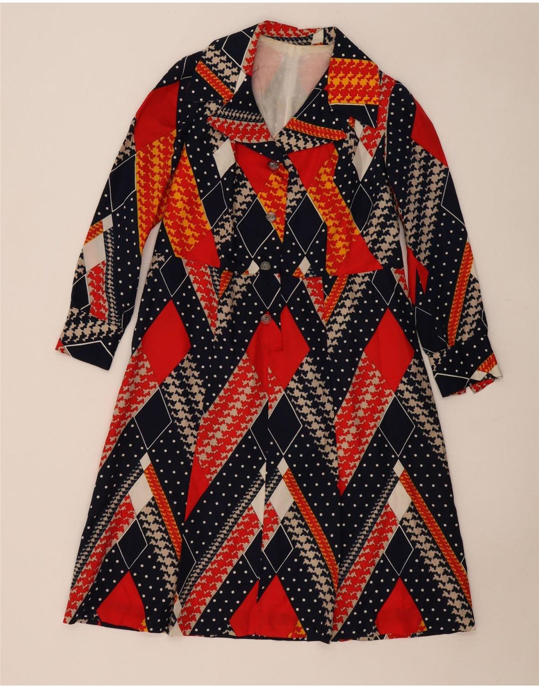 Vestido vintage feminino linha A UK 12 médio multicolorido geométrico