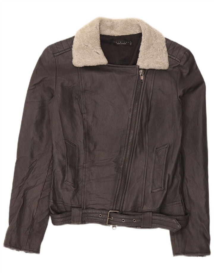 Simona Barbieri Jaqueta feminina de couro para motociclista com conjunto duplo Reino Unido 10 pequena preta