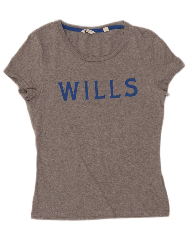 Camiseta feminina gráfica Jack Wills Reino Unido 6 algodão manchado cinza pequeno