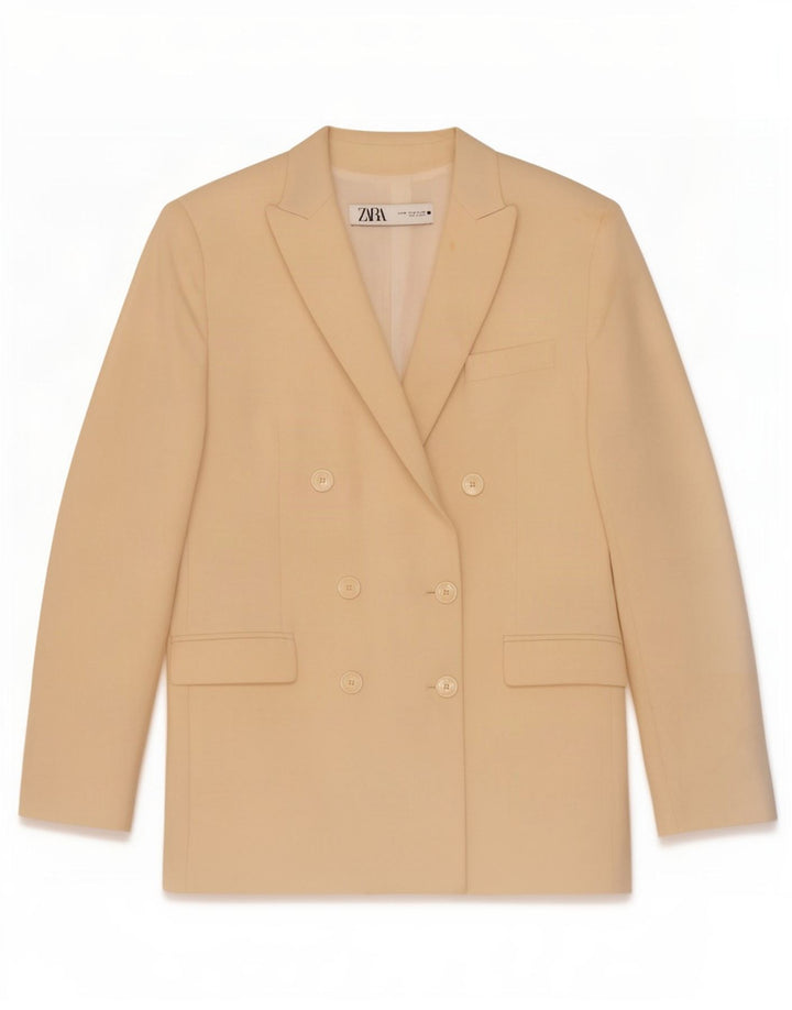 Jaqueta blazer feminina Zara com peito duplo Reino Unido 14 poliéster bege médio