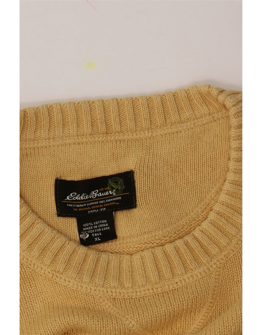 EDDIE BAUER Mens Tall Crew Neck Jumper Sweater XL Yellow Cotton Vintage Eddie Bauer and Second-Hand Eddie Bauer from Messina Hembry 