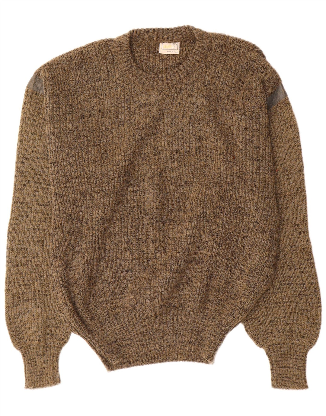 Suéter masculino vintage com gola redonda, médio cáqui salpicado