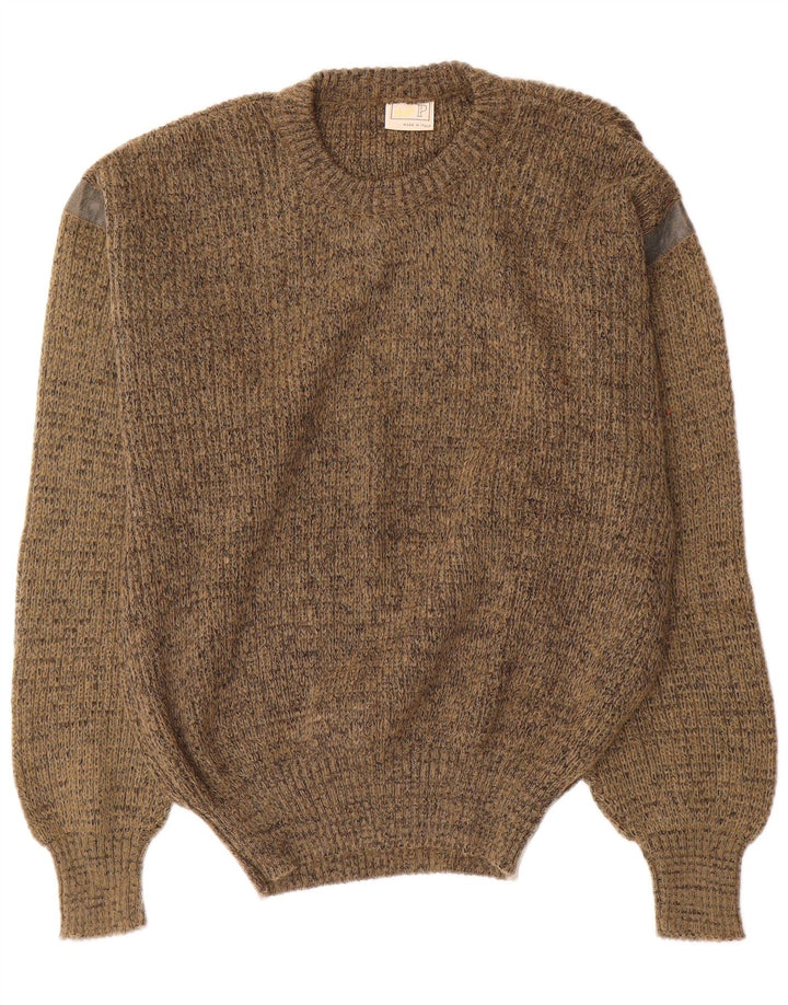 Suéter masculino vintage com gola redonda, médio cáqui salpicado