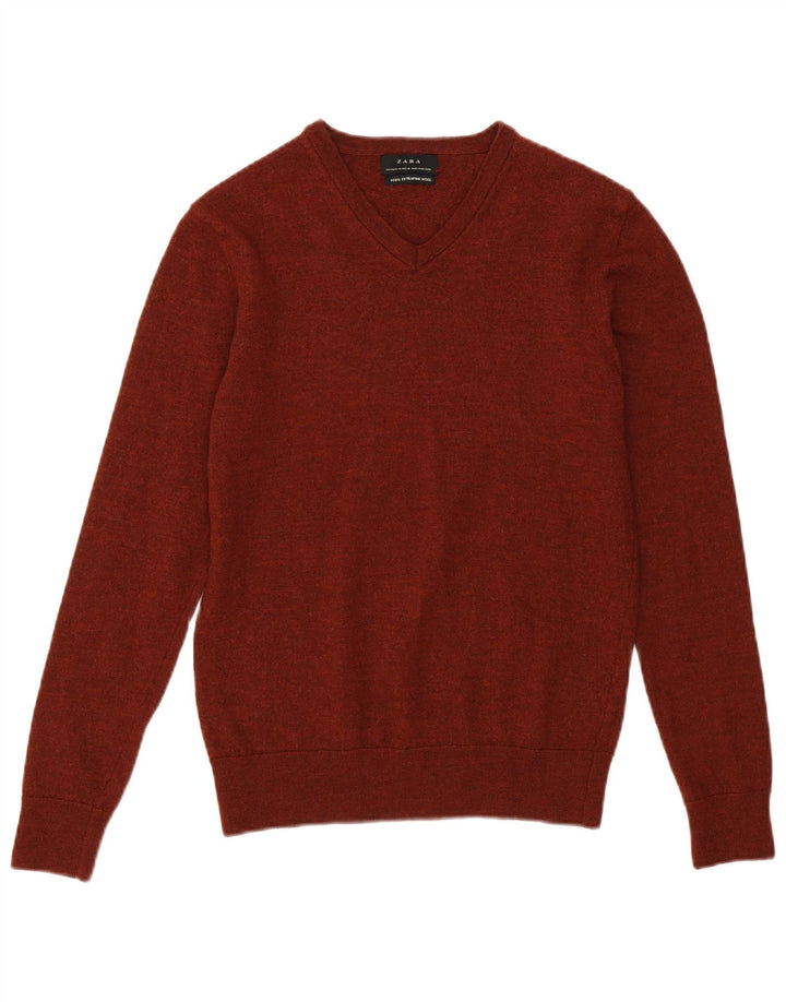 Suéter feminino ZARA com decote em V, Reino Unido 12 lã marrom médio