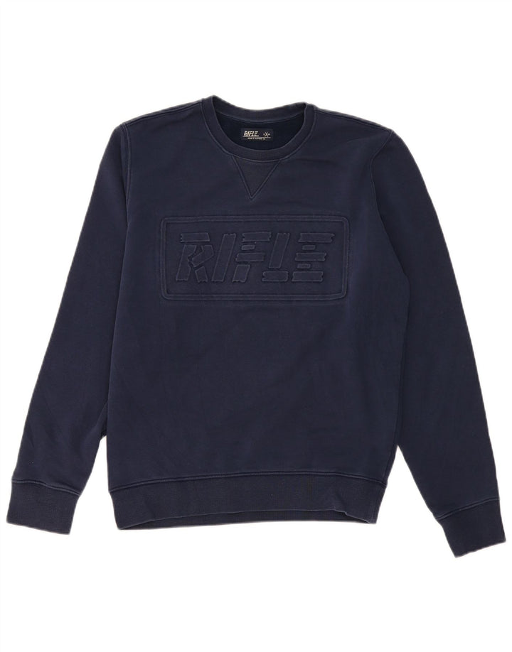 Rifle masculino moletom gráfico jumper médio algodão azul marinho