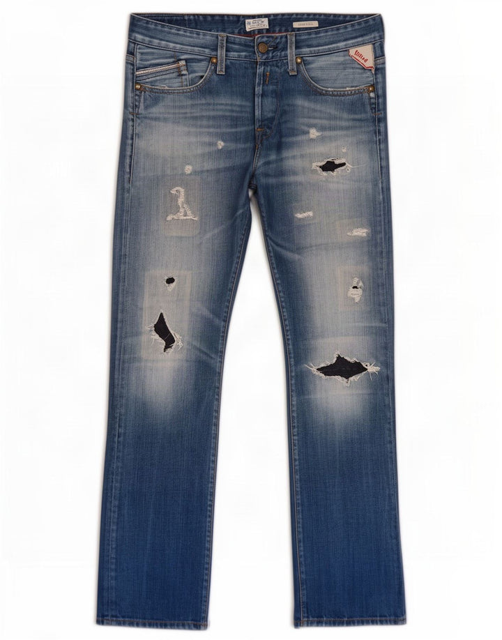 Replay Mens Waitom Distressed Straight Jeans W31 L32 Azul Algodão