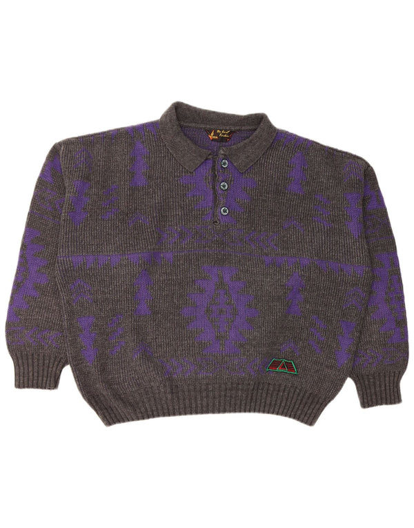 Suéter masculino vintage com gola polo XL cinza geométrico