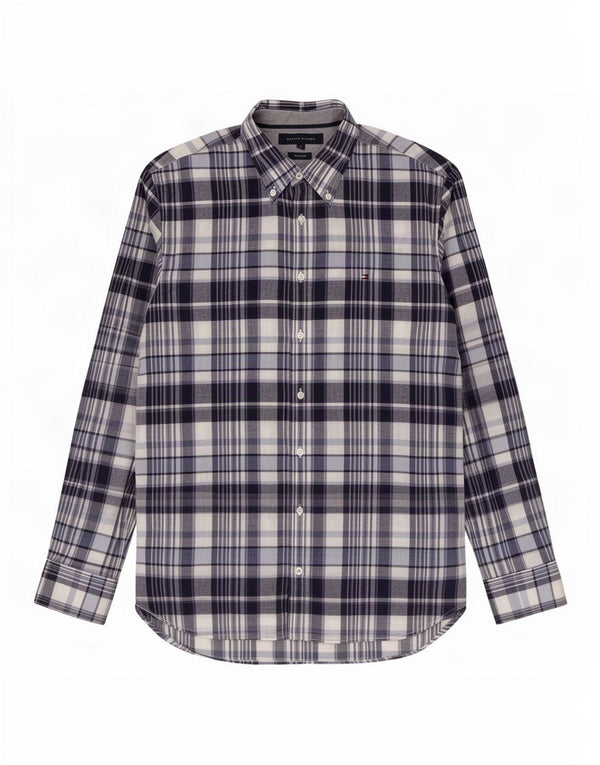 Camisa masculina Tommy Hilfiger Custom Fit grande algodão xadrez azul marinho