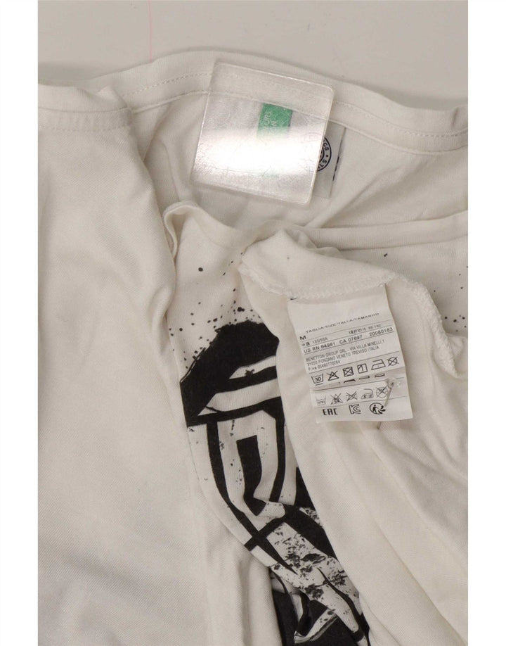 Camiseta feminina gráfica Benetton UK 14 algodão branco médio