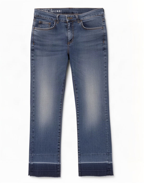 Calça jeans feminina Marks & Spencer namorada cortada UK 10 pequena W28 L25 azul