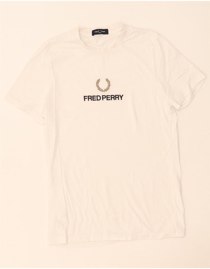 Fred Perry Camiseta masculina gráfica top pequeno algodão branco