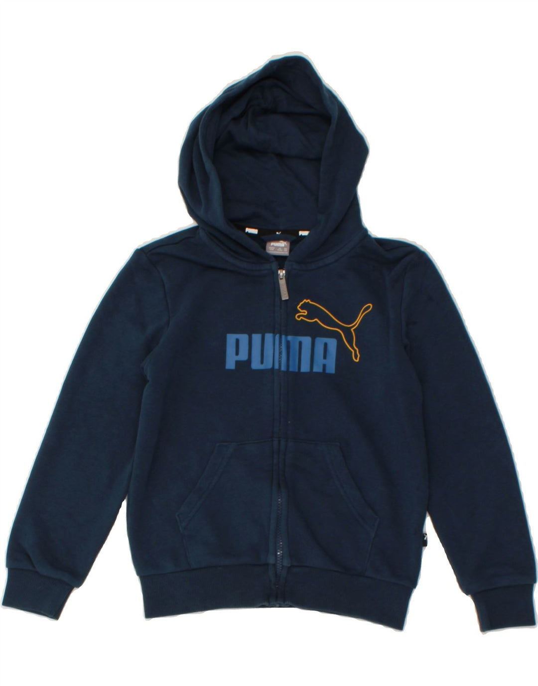 PUMA Boys Graphic Zip Hoodie Sweater 9-10 Years Navy Blue Cotton Vintage Puma and Second-Hand Puma from Messina Hembry 