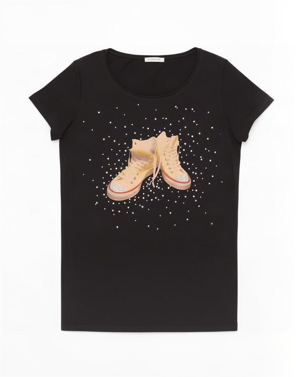 Camiseta feminina gráfica Marella UK 12 algodão preto médio