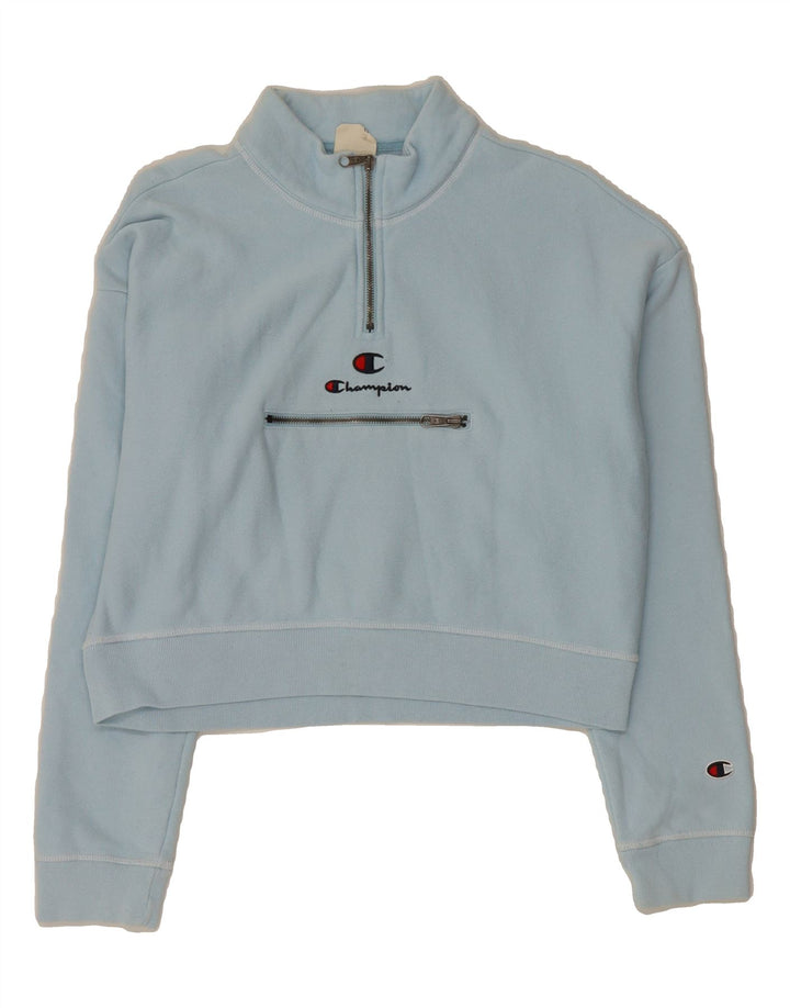 CHAMPION Womens Graphic Crop Sweatshirt Jumper UK 14 Large Blue Cotton Vintage Champion and Second-Hand Champion from Messina Hembry 