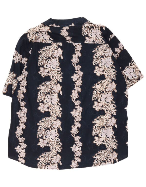 Camisa masculina vintage de manga curta grande algodão floral azul marinho