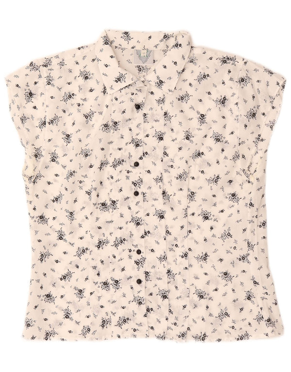 Blusa feminina vintage de manga curta UK 14 médio branco floral
