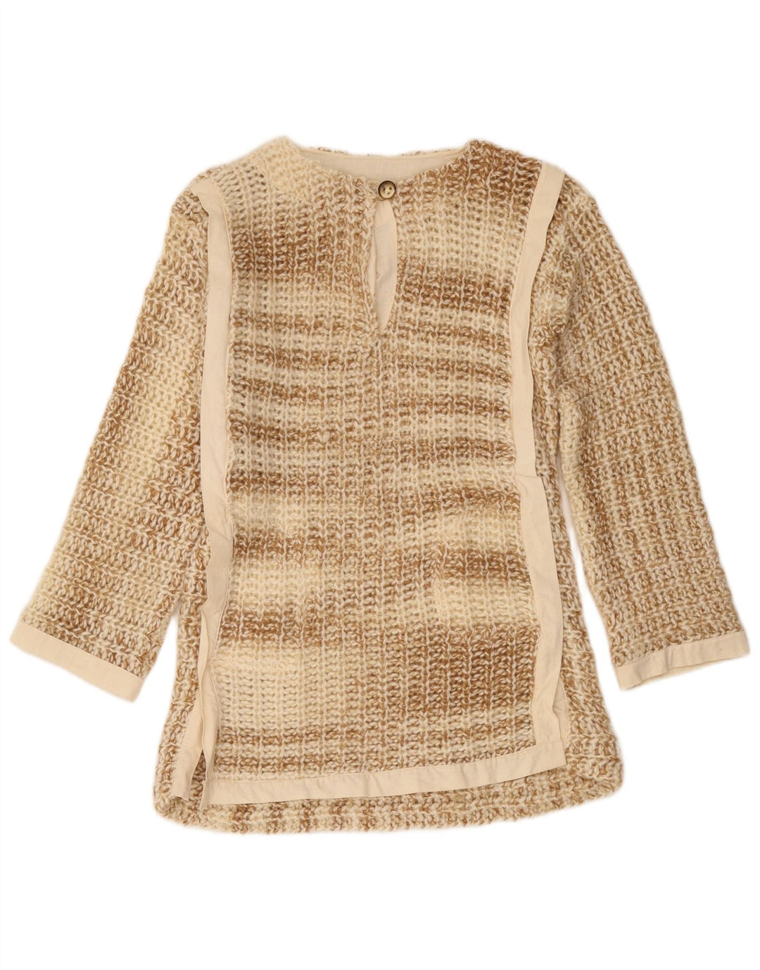 Suéter feminino vintage com gola redonda e botão UK 10 pequeno bege salpicado