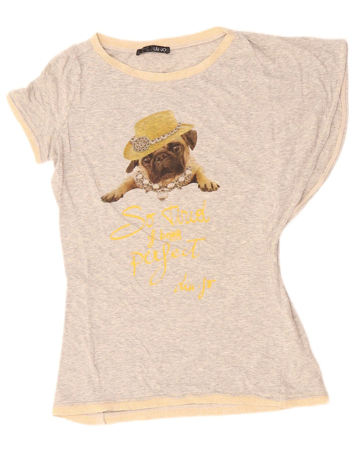 LIU JO Camiseta feminina gráfica Top IT 44 algodão manchado cinza médio