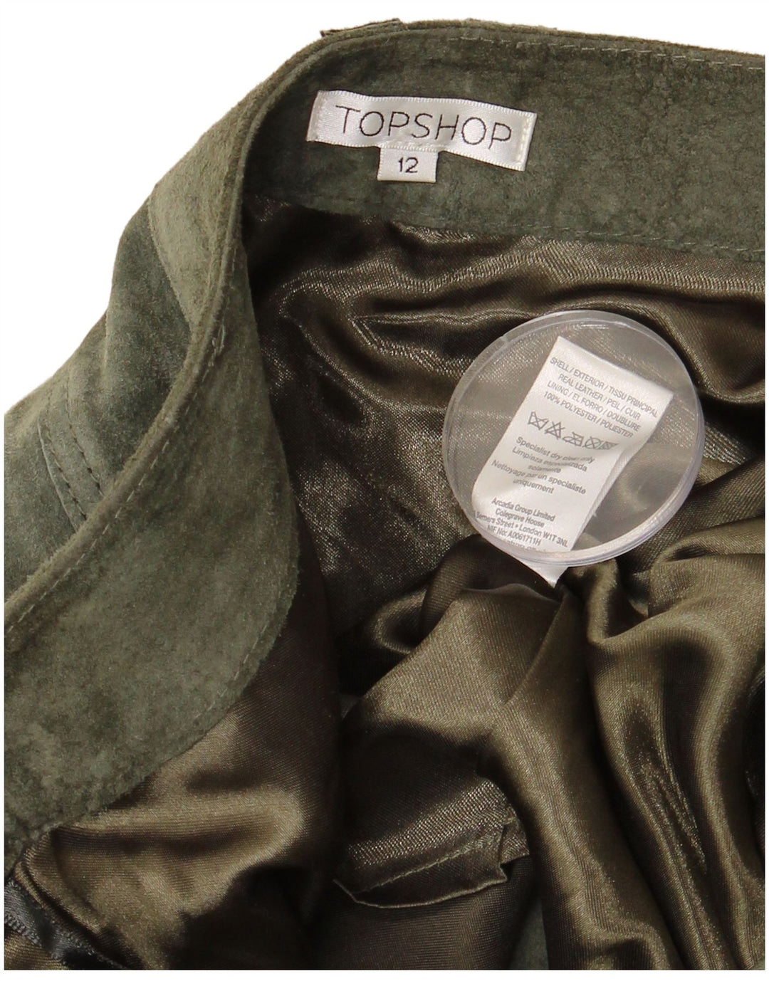 Saia feminina de camurça TOPSHOP Reino Unido 12 médio W32 couro cáqui