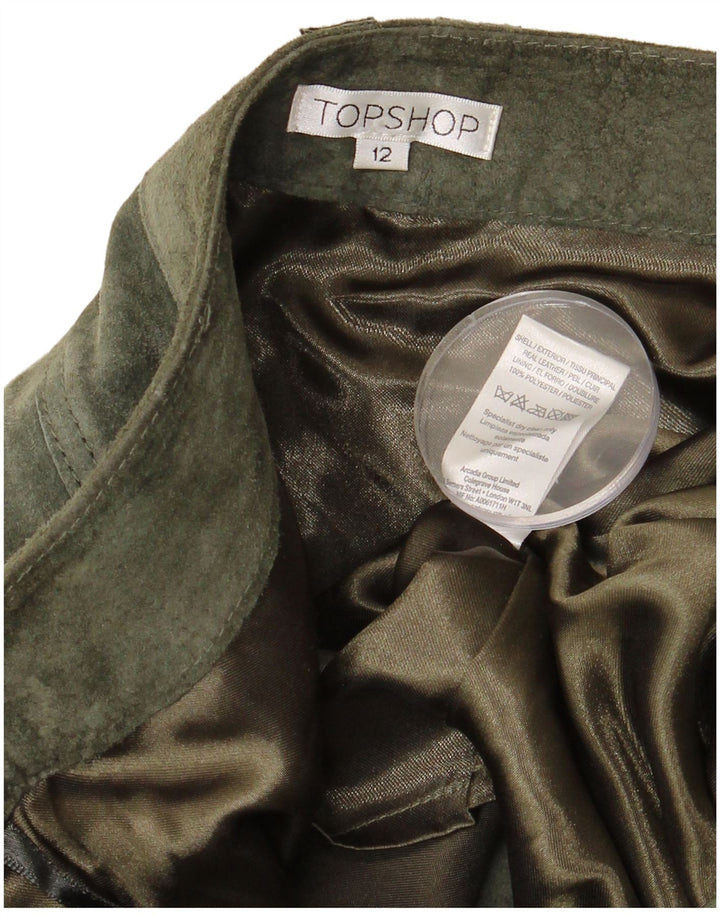Saia feminina de camurça TOPSHOP Reino Unido 12 médio W32 couro cáqui