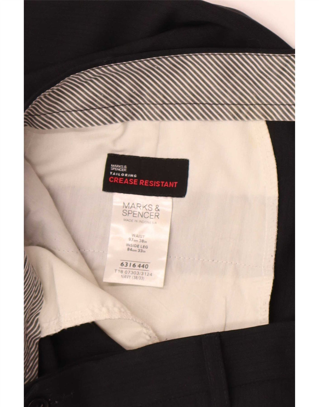 Calça masculina de terno reto Marks & Spencer W38 L33 azul marinho poliéster