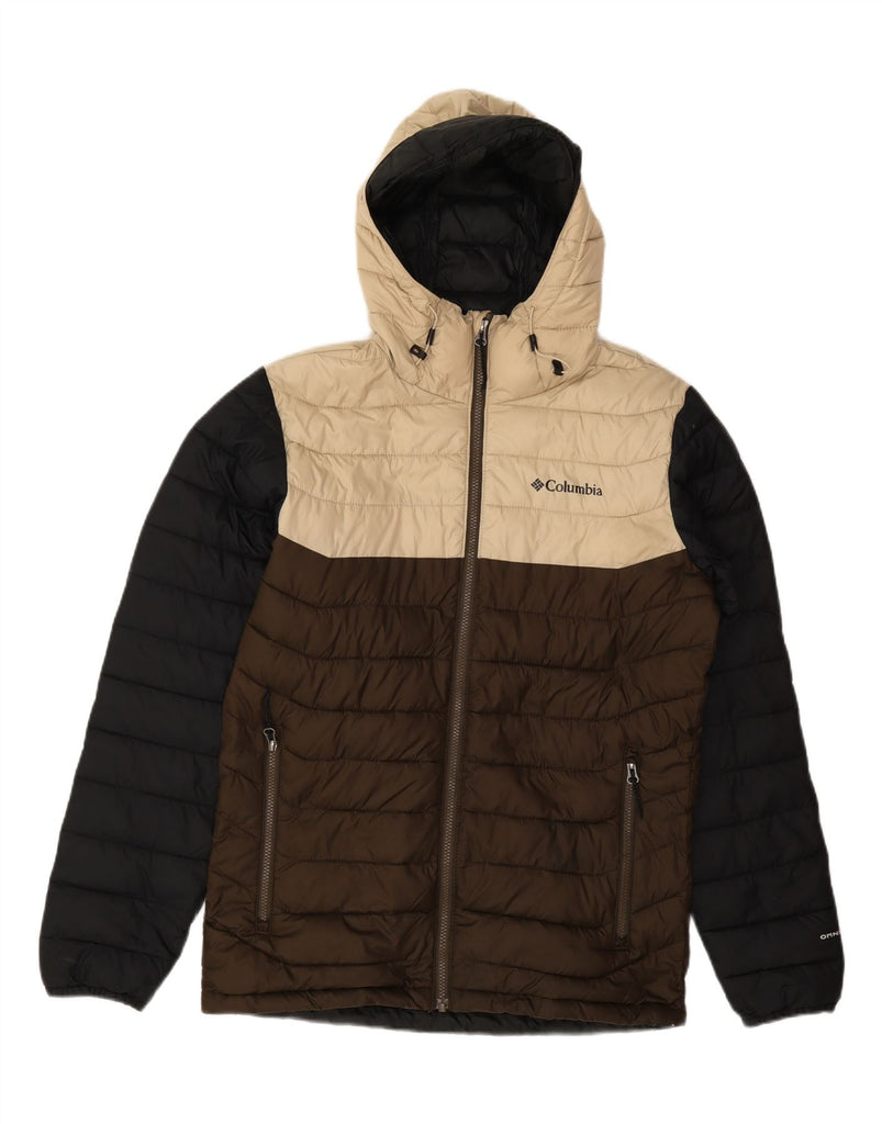 COLUMBIA Mens Hooded Padded Jacket UK 36 Small Brown Colourblock Polyester Vintage Columbia and Second-Hand Columbia from Messina Hembry 