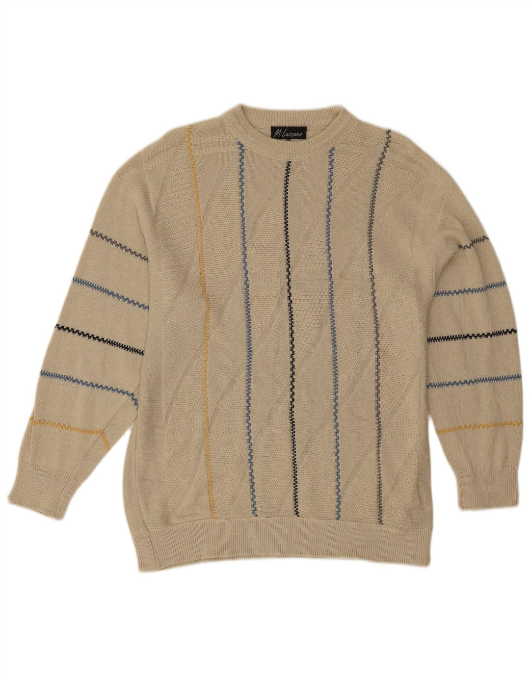 Suéter vintage masculino com gola redonda, grande listrado bege